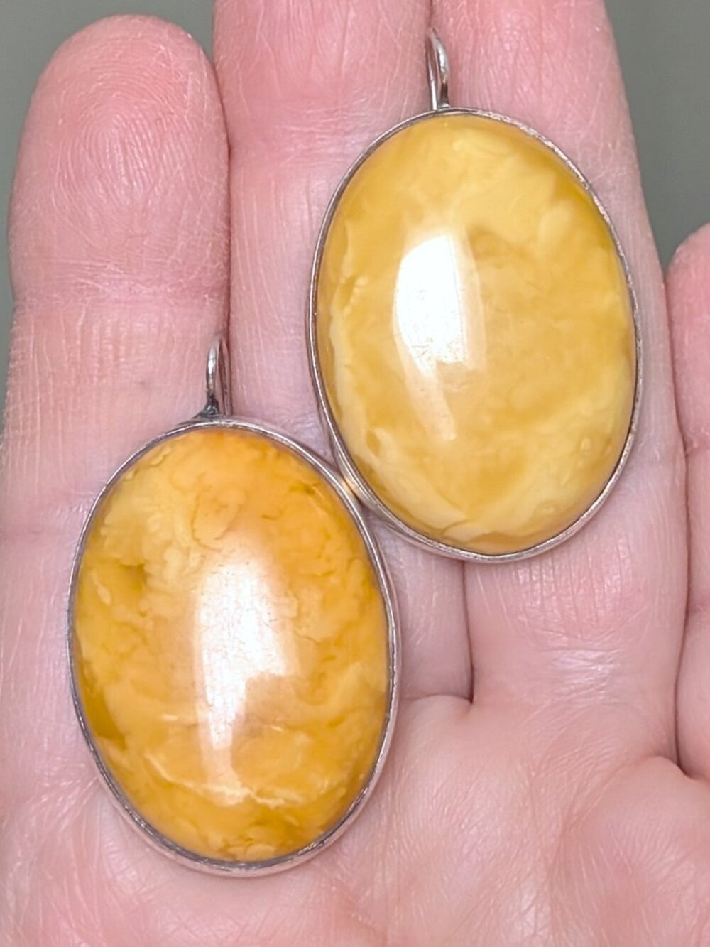 HUGE Vintage Baltic Butterscotch Egg Yolk Amber Sterling Silver Dangle EARRINGS